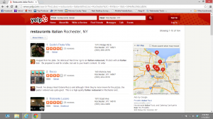 An example of a Yelp search of "Restaurants Italian" near Rochester, NY